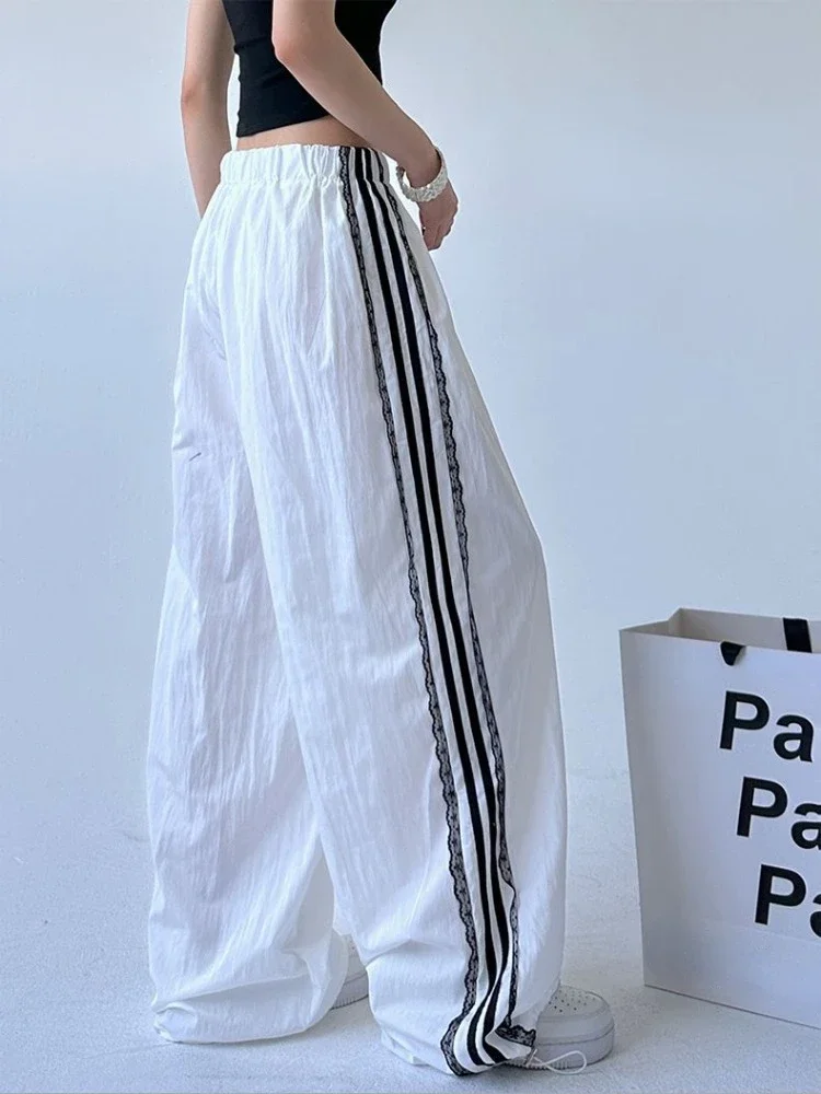 HOUZHOU Y2k Vintage Baggy Striped Sweatpants Woman Oversized Korean Fashion Harajuku Laces Pants Streetwear Gyaru 2000s Trousers