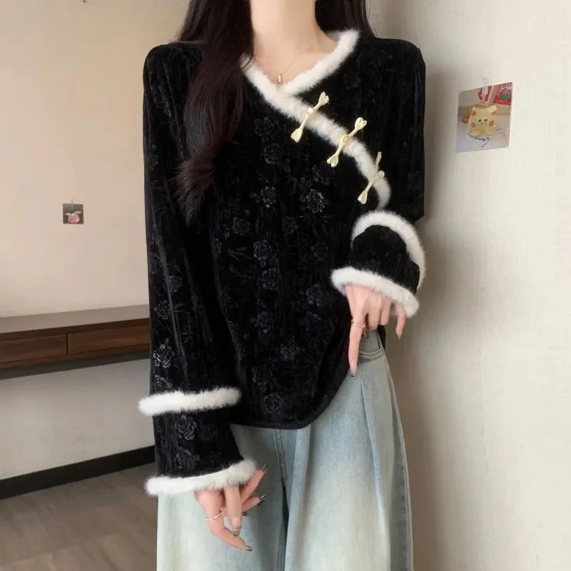 Y2K Autumn Winter Velvet Shirt 2024 New Chinoiserie Coil Buckle Women's Clothes Top Black Fashion Embroidery Female Blouse