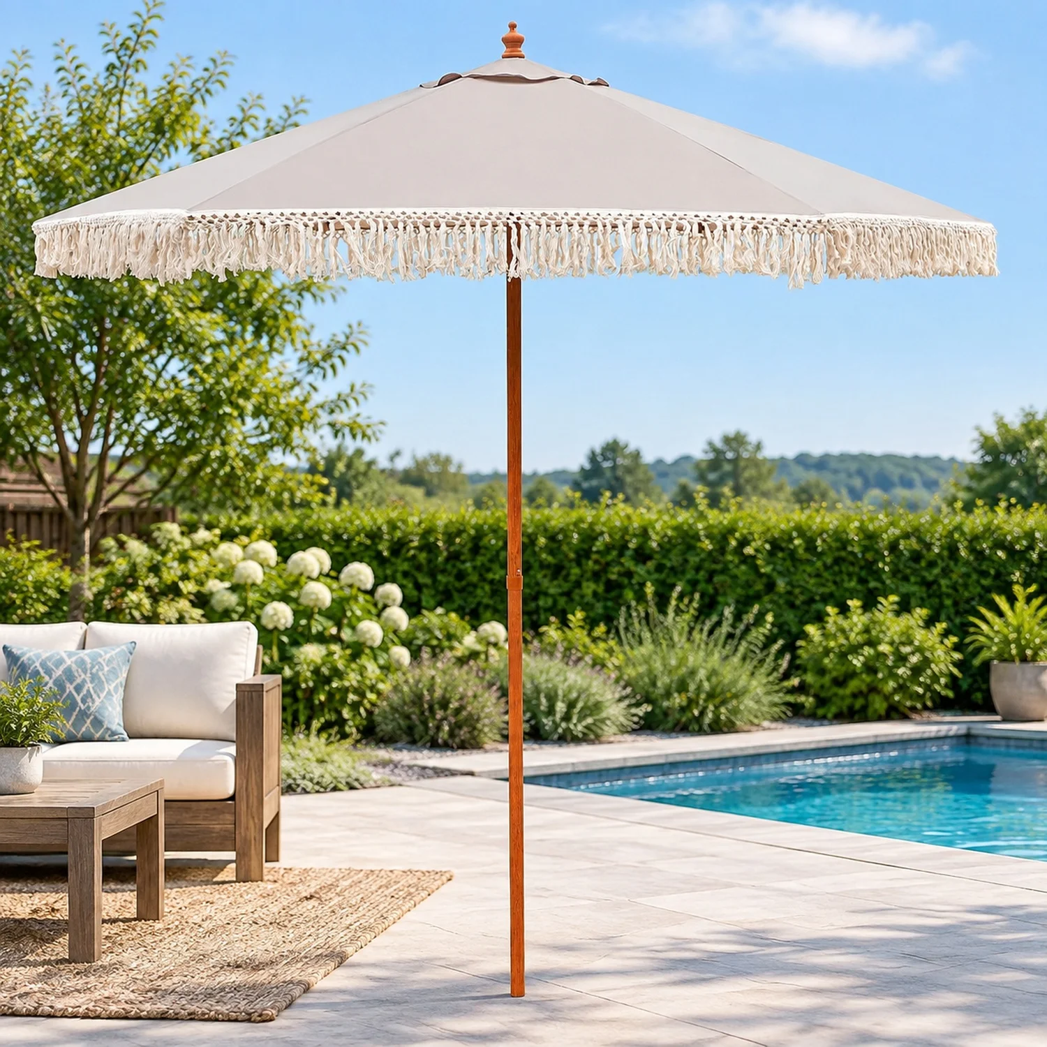 9 FT Patio Umbrella with Fringe, Portable Beach,Heavy-Duty Metal Frame,6 Ribs Ventilated Canopy,UV Protection & Waterproof