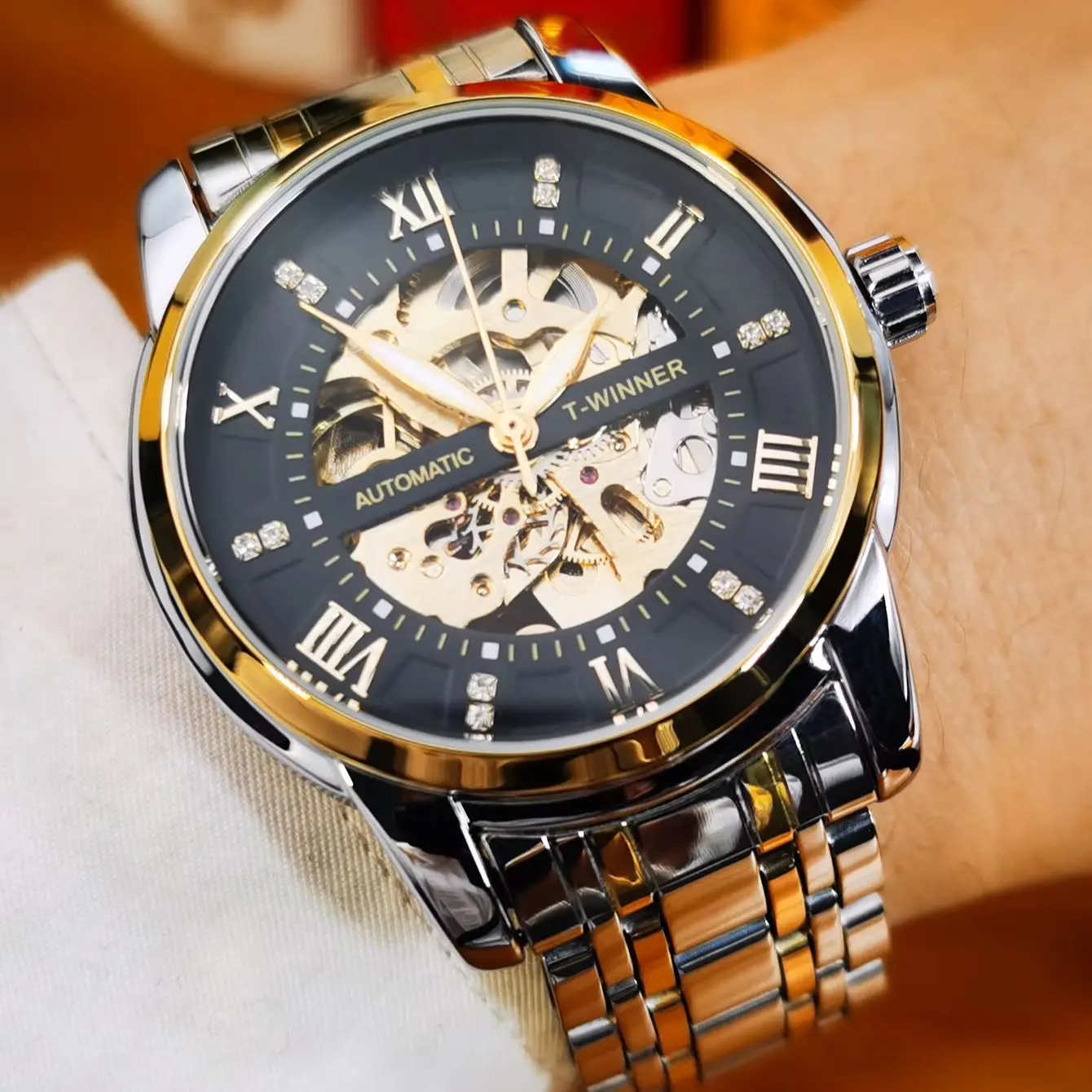 WINNER Classic Skeleton Mechanical Watches Iced Out Luxury Automatic Watch for Men Luminous Hand Stainless Steel Band Wristwatch