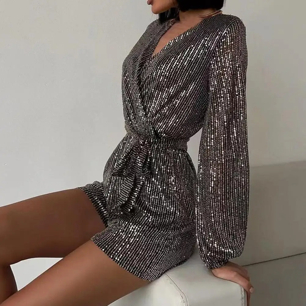 V-neck Romper Sequin Belted Women's Romper with Deep V Neck Long Lantern Sleeves for Club Party Tight Waist Above Knee Length