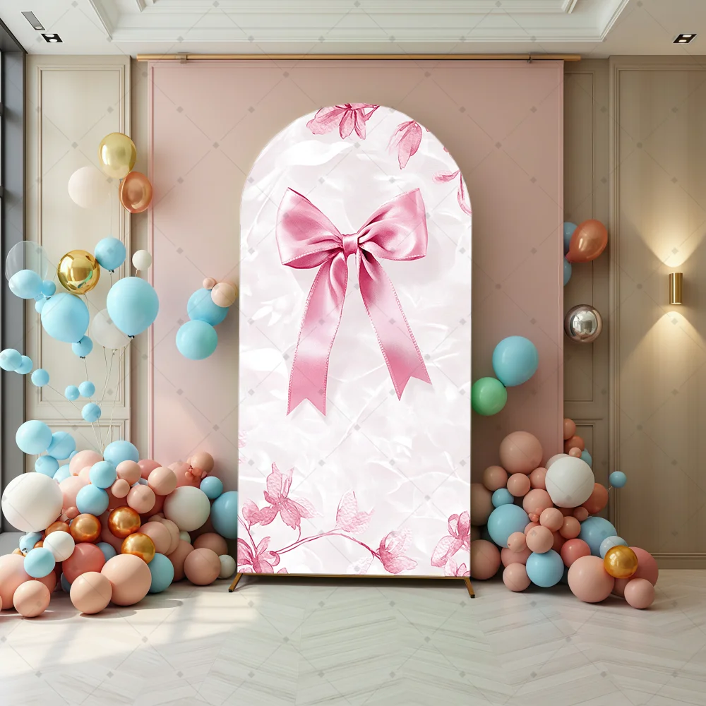

Striped Bow Arch Background Cover, Floral Girl's Birthday Decoration, Baby Shower Party Decoration, Photography Background