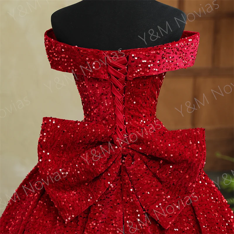 Y&M Novias Custom Plus Size Luxury Sequins Bow Off Shoulder Dark Red Quinceanera Dresses 15 Ball Gown For Party Vestido De Noiva