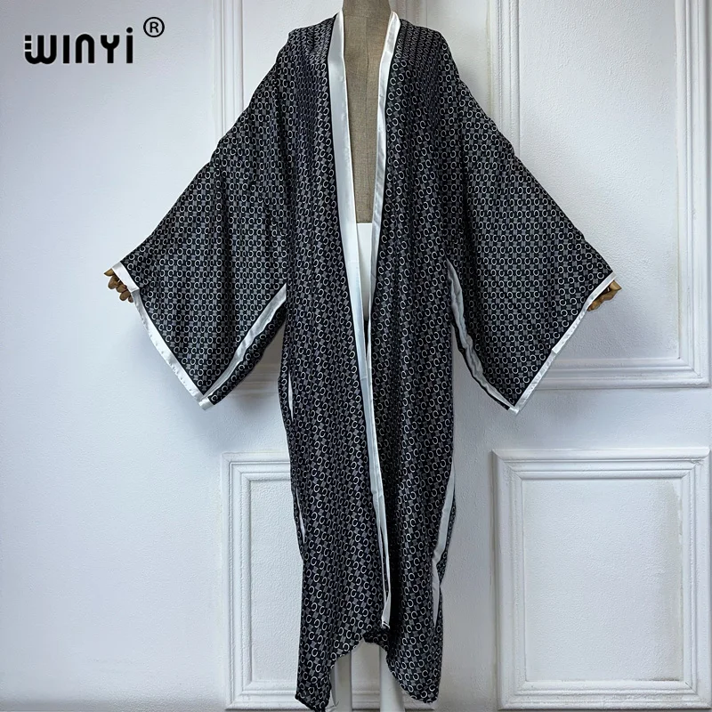 WINYI Kimono Women Elegant print Long Sleeve Cardigan Female Blouse Loose abaya beachwear Cover Up boho dress party kaftan