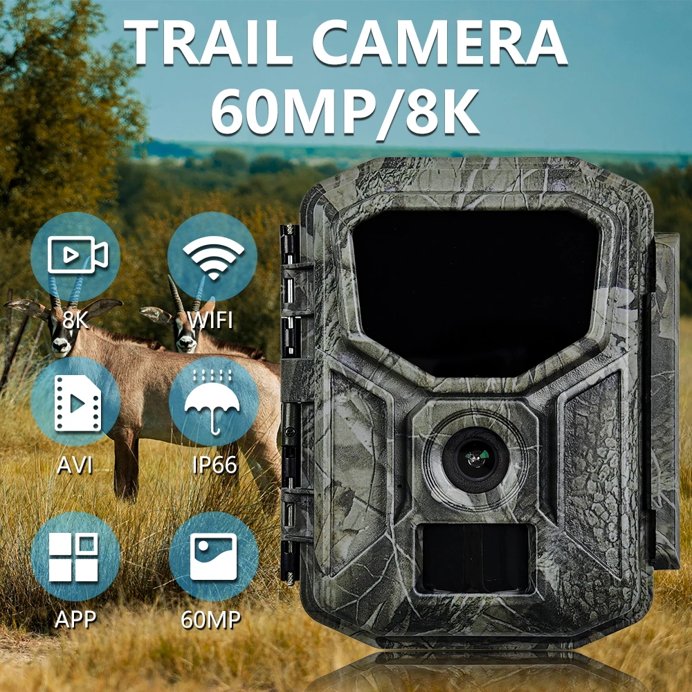 

Солнечная камера для наблюдения за дикой природой 8K 60MP с Wi-Fi, активацией по движению 0.2 с, без видимого света, HD ночное видение, водонепроницаемость IP66