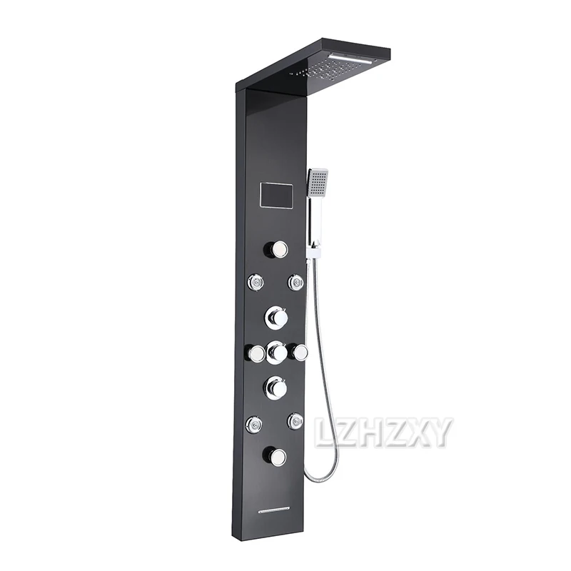 Black/Brushed Bathroom Shower Faucet Set LED Rainfall Shower Panel System Bathtub Water Mixer Tap Massage SPA Temperature Screen