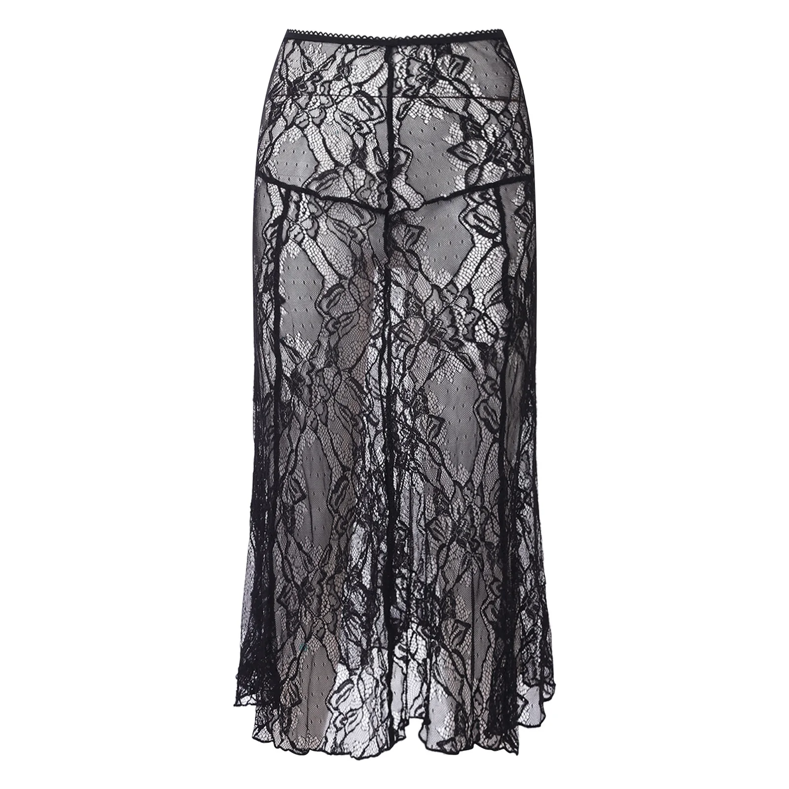 Womens Lace Mermaid Skirt See Through Floral Lace High Waist Elastic Waistband Midi Skirt for Nightclub Party Beach Vacation