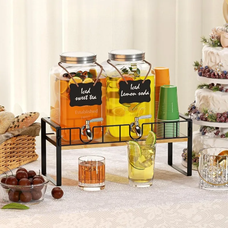 

Glass Drink Dispenser with Ice Bucket Stand Party Beverage Server with Spigot for Lemonade Juice Iced Tea Home Kitchen