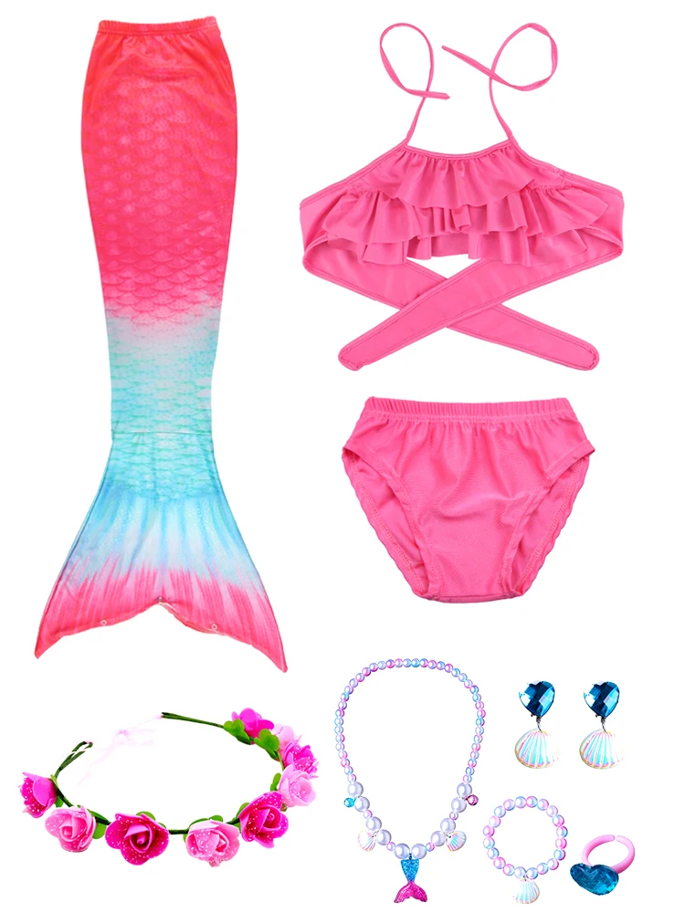 Sirène T64.Kids Cosplay Maillots de bain pour filles avec bijoux, Vêtements de sauna, Costumes de fête à la piscine, Bikini de plage, Natation, Bain trempé