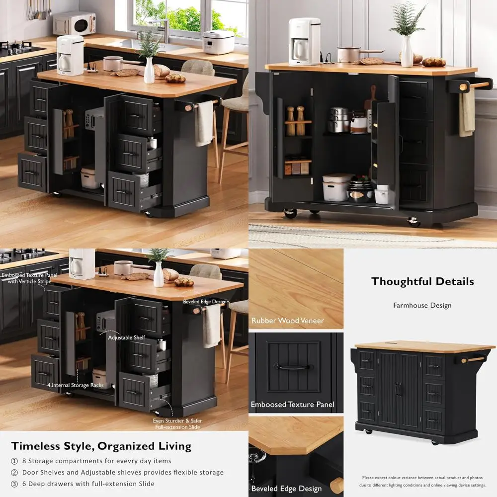 Isla de cocina con ruedas, mesa abatible, toma de corriente, carrito de madera con toallero y 6 cajones
