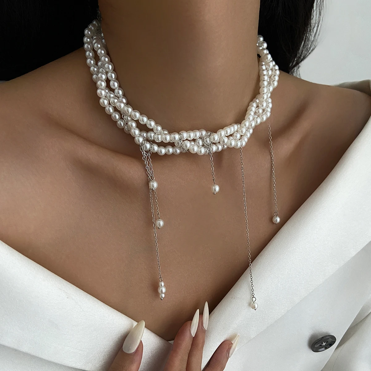 Ingemark Elegant Multilayer Imitation Pearl Choker Necklace For Women Vintage Creative Tassel Pendant Necklace Wedding Jewelry image 2