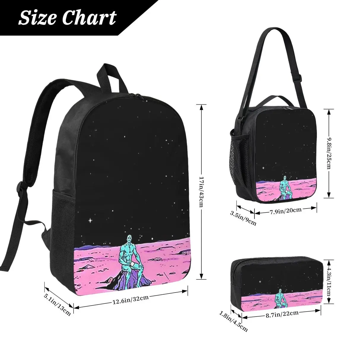 (Fixed) Dr. Manhattan Sitting On Mars (comic) Backpack BookBag School Bag Shoulder Bags 3ps Insulated Lunch Bag Pencil Case