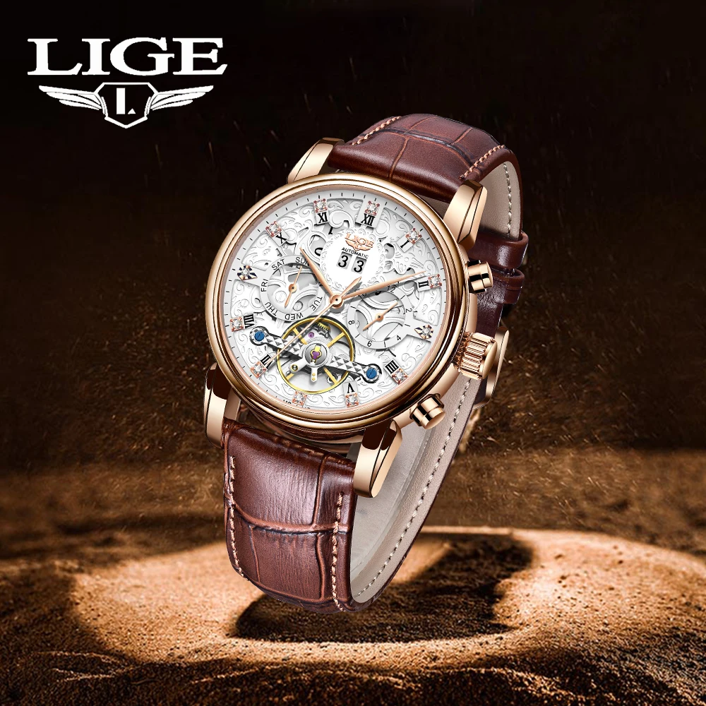 

LIGE Men's Watches Top Brand Hollow Out Automatic Mechanical Wristwatch Fashion Waterproof Luminous Leather Strap Watch for Man