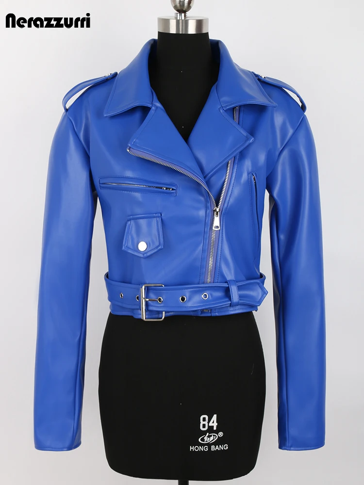 Nerazzurri Spring Autumn Blue Cool Short Soft Faux Leather Biker Jacket Women Long Sleeve Belt High Quality Clothing Fashion