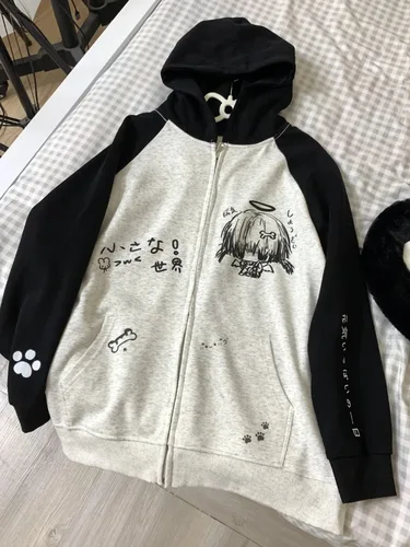 Imagen 1 del producto Sudadera con capucha con cremallera para mujer, sudadera Grunge japonesa de dibujos animados, ropa de calle, chaquetas con estampado de Anime, Tops Y2k, prendas de vestir exteriores holgadas informales