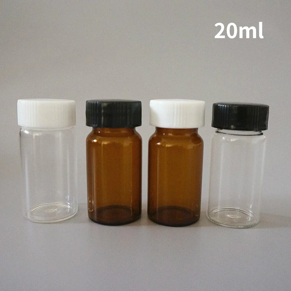 20pcs/pack 20ml (Clear/ Brown) Glass Seal Bottle Reagent Sample Vials with Plastic Lid Screw Cap