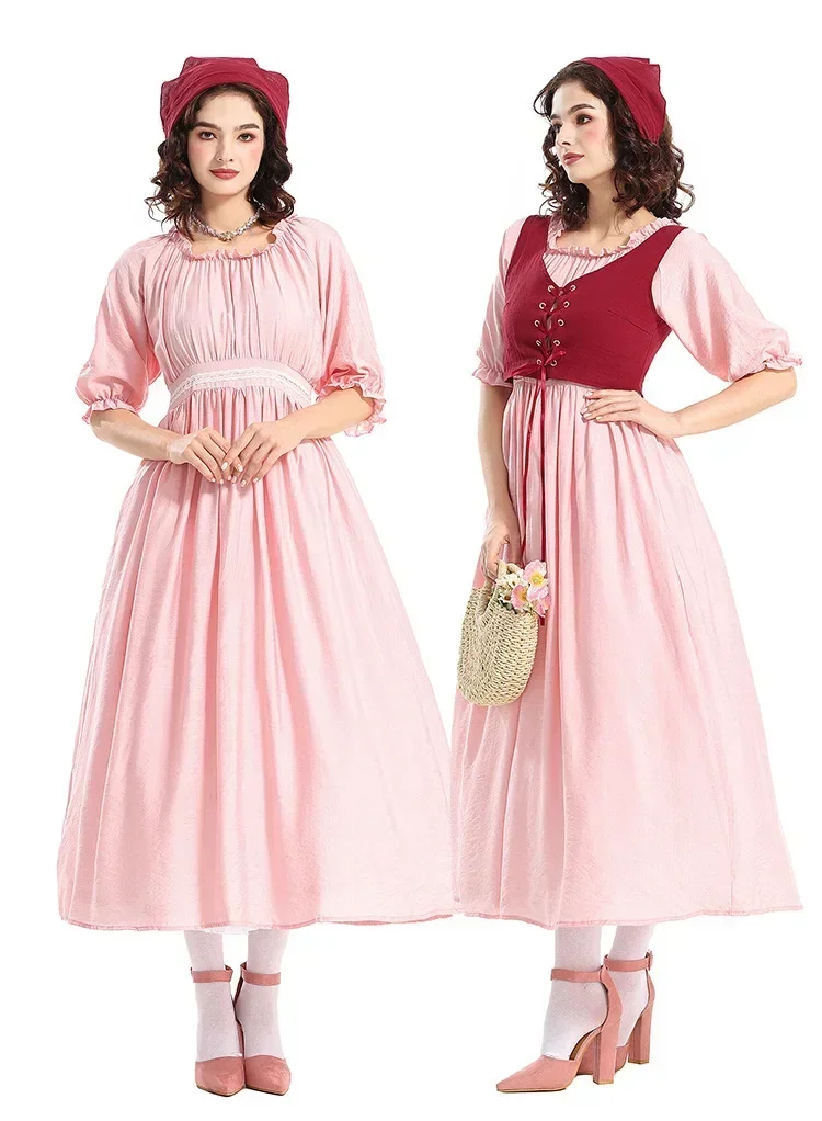 

Pink Victorian Dress Vest Sexy Women Costumes Mid-Sleeve Vintage Ball Gown Medieval Pastoral Costume Halloween Cosplay