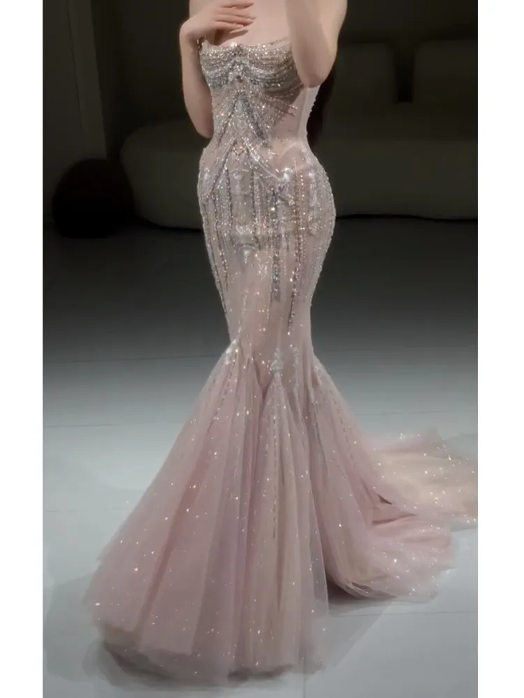 Pink fishtail heavy industry luxurious banquet strapless dress birthday and coming-of-age gift small train