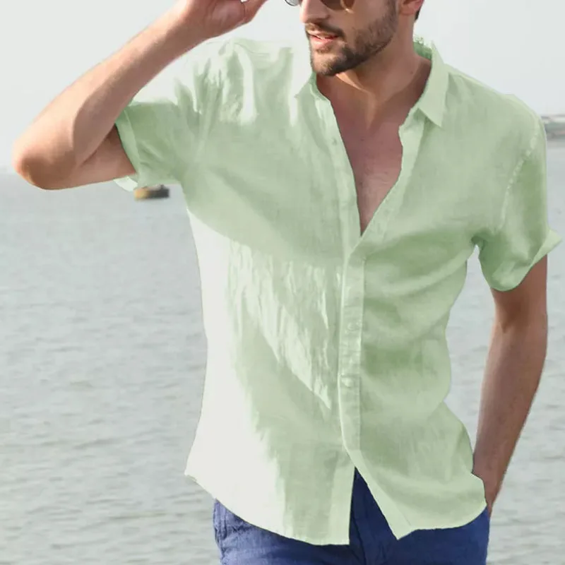 Cotton And Linen Selling Men's Solid Color Lapel Casual Short-sleeved Shirt Summer Beach Style