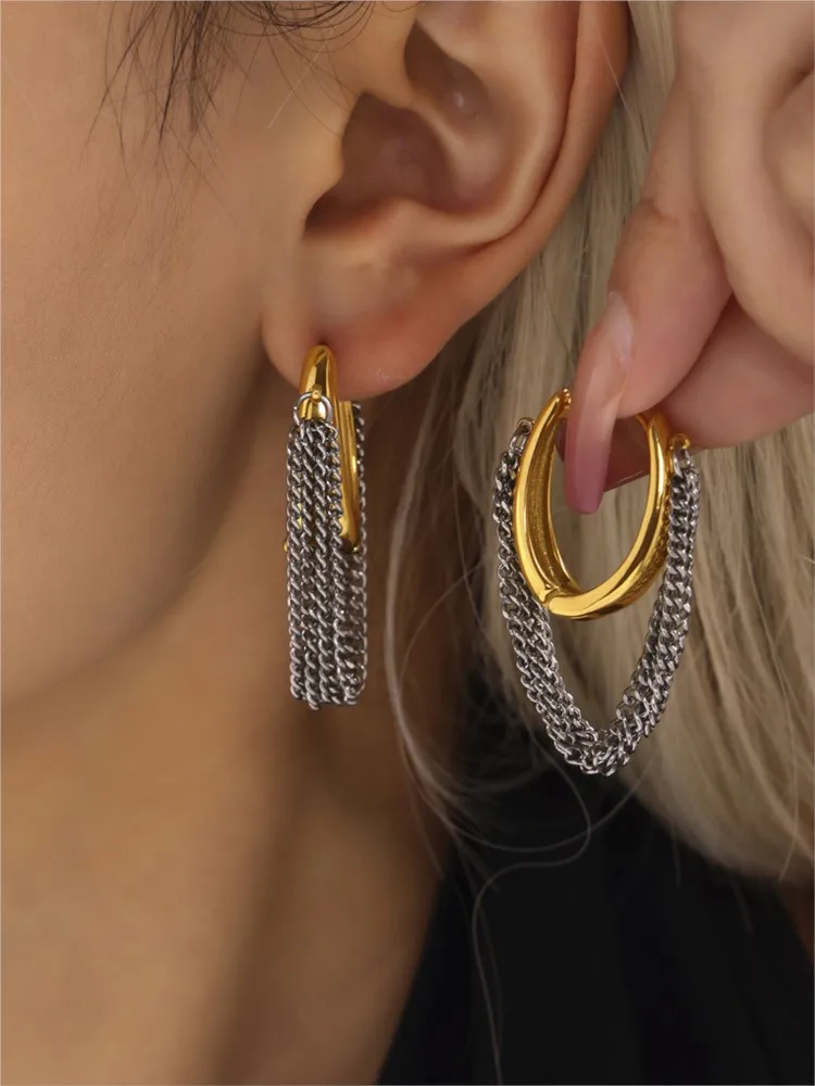 Stainless Steel Hoop Earrings For Women 18k Gold Plated With Multi Silver Color Chain Tassel Women\'s Buckle Hoops Female Earring