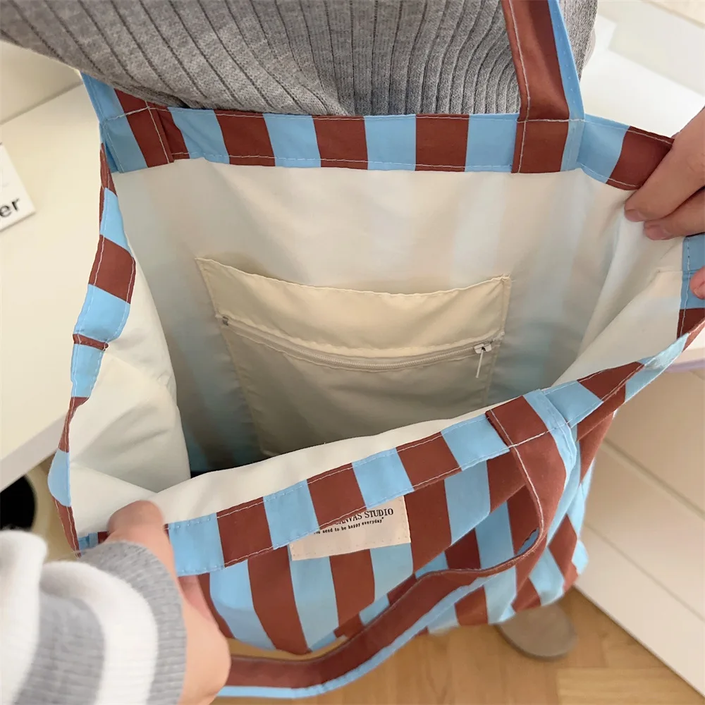 Bolsa de ombro de lona de grande capacidade para mulheres, vintage, listra feminina, compras diárias, casual, portátil, bolsas de viagem para