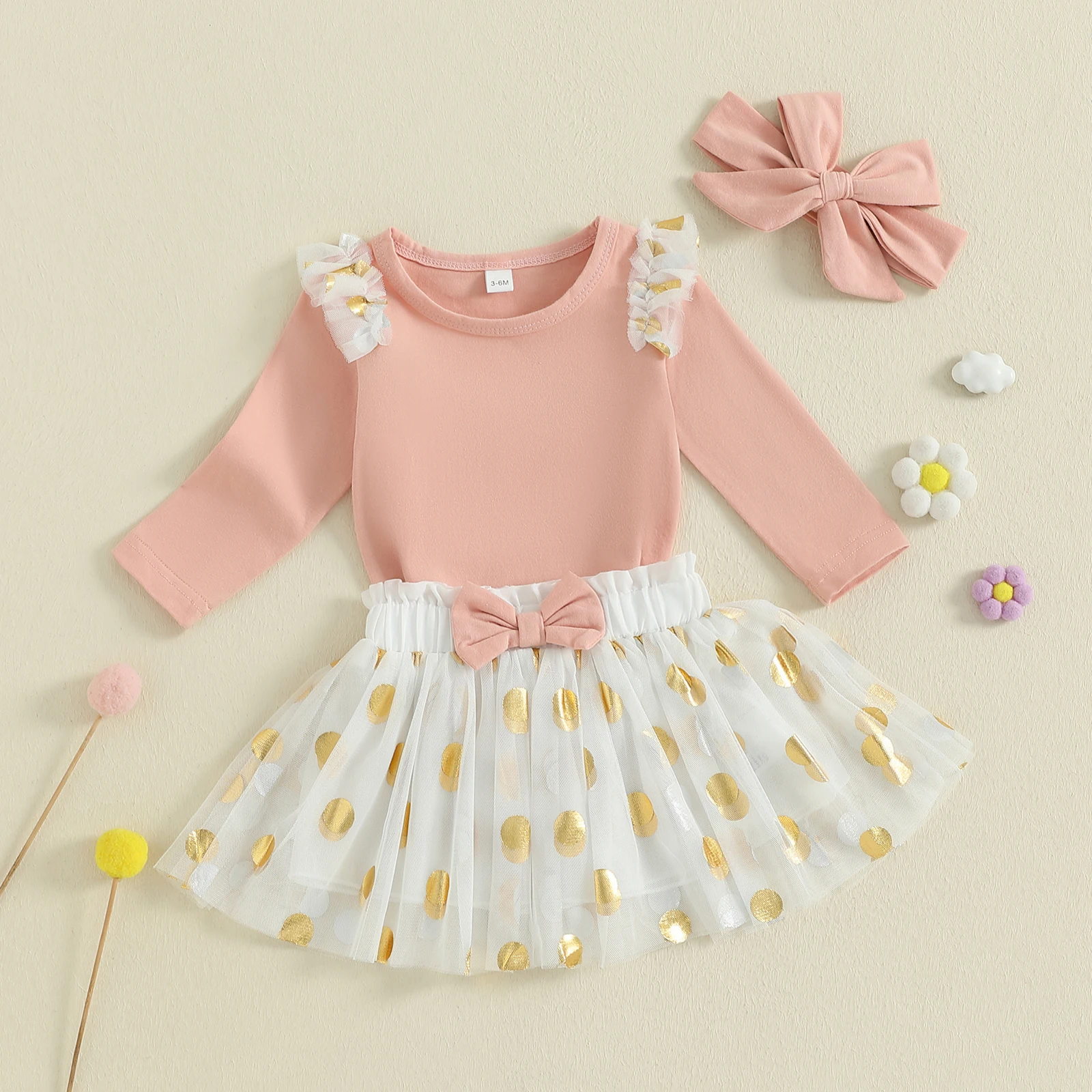 2026 ربيع الموضة طفل رضيع فتاة مجموعة ملابس طويلة الأكمام كشكش رومبير مع نقطة تول تنورة وعقال 3 قطعة وتتسابق