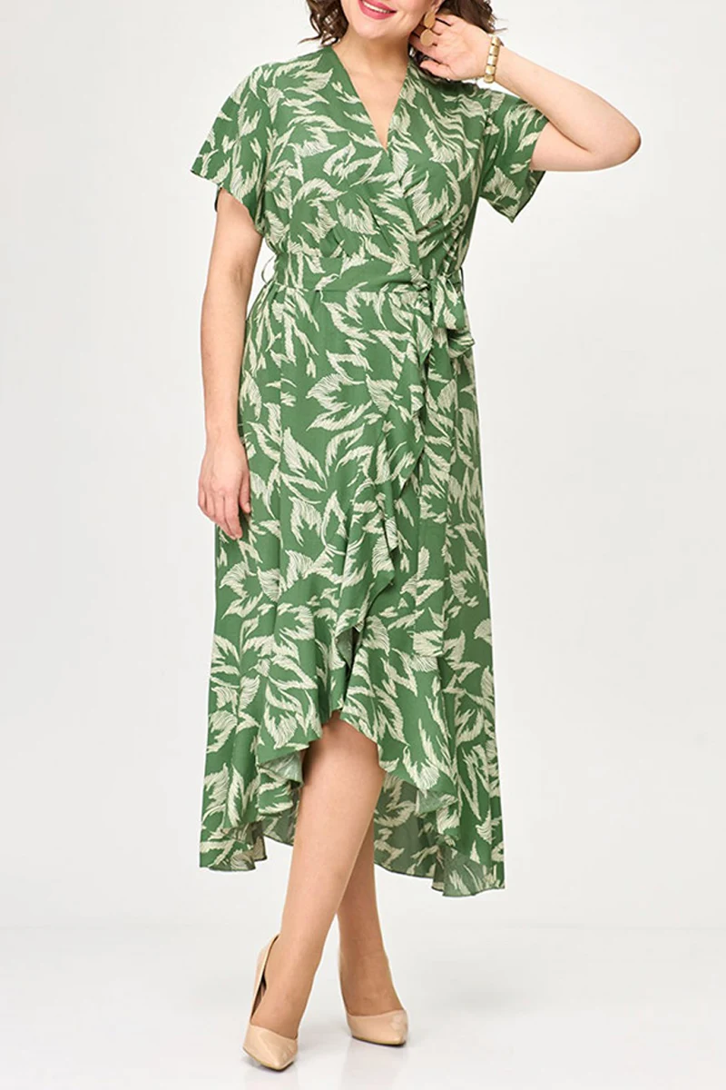 Flycurvy Plus Size Mother Of The Bride Green Chiffon Plant Print Lace-Up Crossover Hem Tunic Tea-Length Dress