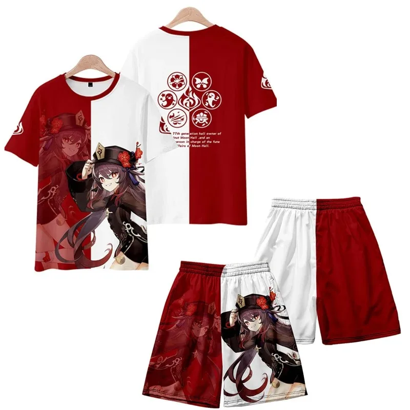 Genshin Impact Hu Tao Cosplay Costume Short Sleeve Hutao T Shirt and Shorts Set Two Piece Suit Casual Training Sportswear