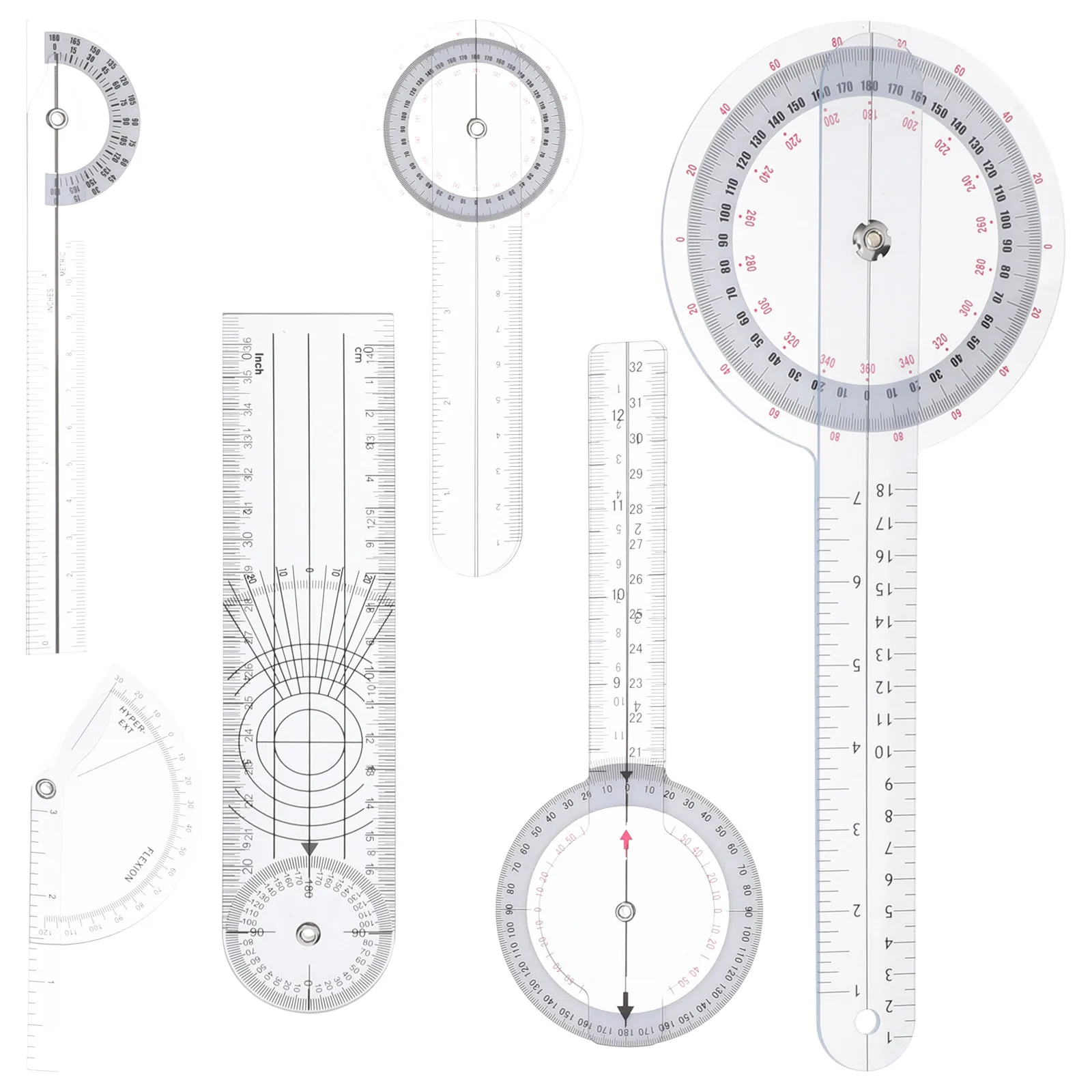 Goniometer Protractor Set 6 Piece Joint Angle Range of Motion Measuring Tools Accurate Professional Ruler Kit