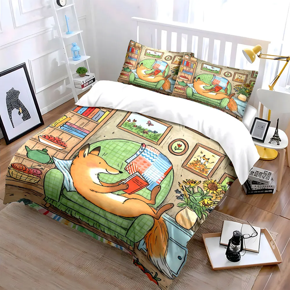 Relaxed Fox Reading on Armchair Printed Duvet Cover Set1 Duvet Cover+2 PillowcaseMulti Size Bedroom Bedding Decor