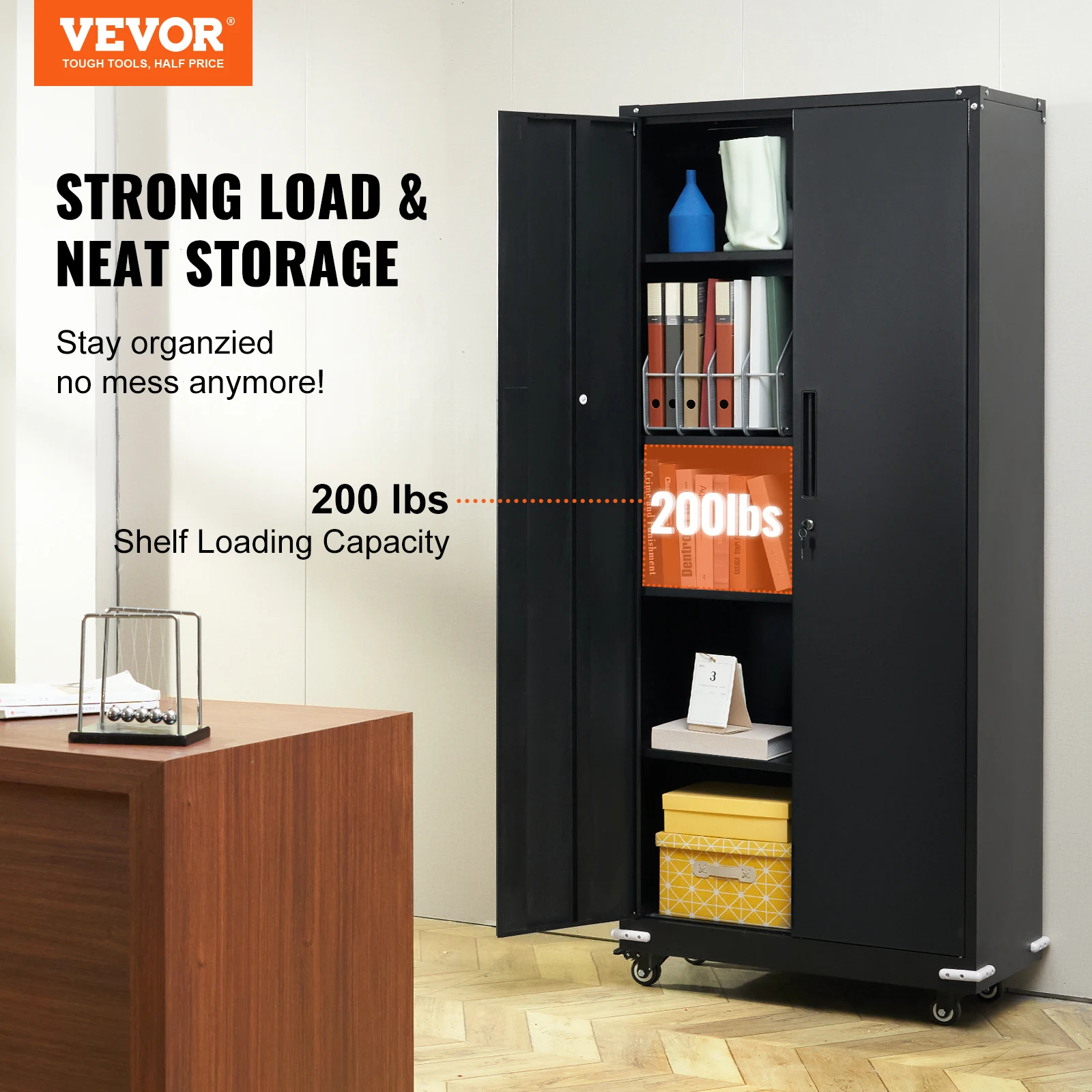 VEVOR Metal Storage Cabinet with Wheels 75\'\' Locking Cabinet with 2 Magnetic Doors and 4 Adjustable Shelves 200 lbs Capacity