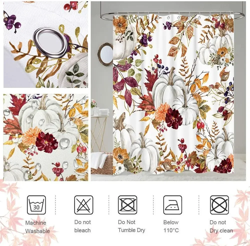 Fall Boho Shower Curtain Rustic Autumn Harvest Pumpkins Leaves Floral Shower Curtain Farmhouse Fall Thanksgiving Shower Curtains