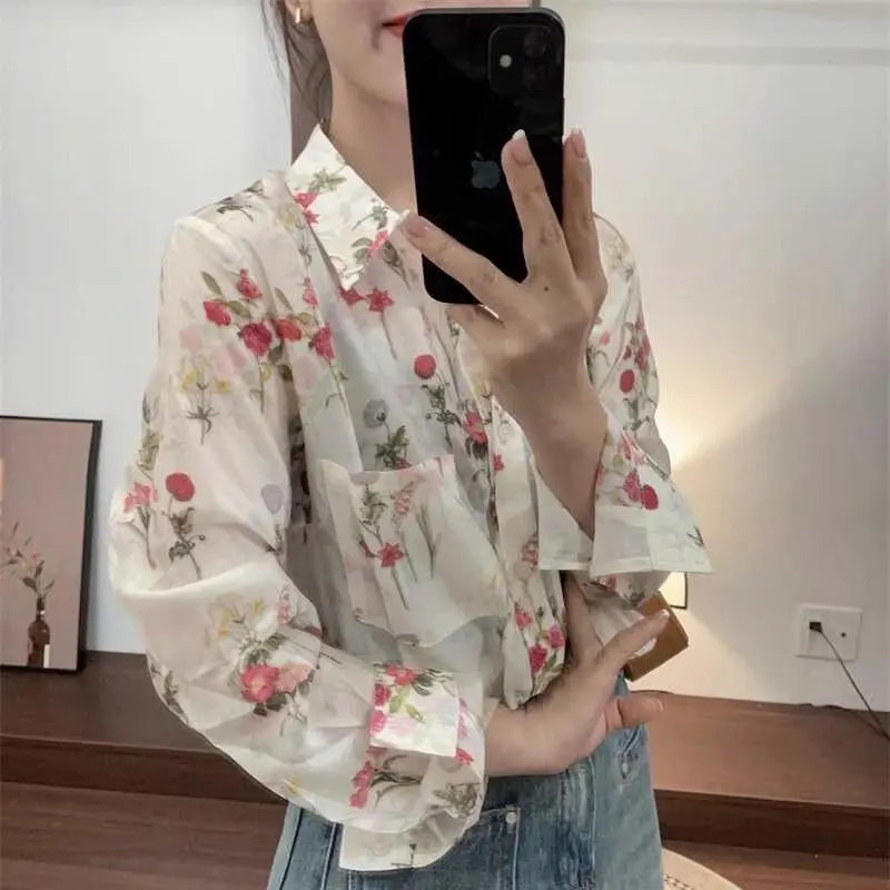 Korean Commute 2024 Spring Summer New Blouses Women\'s Polo Collar Printed Spliced Pockets Loose Casual Long Sleeve Button Shirts