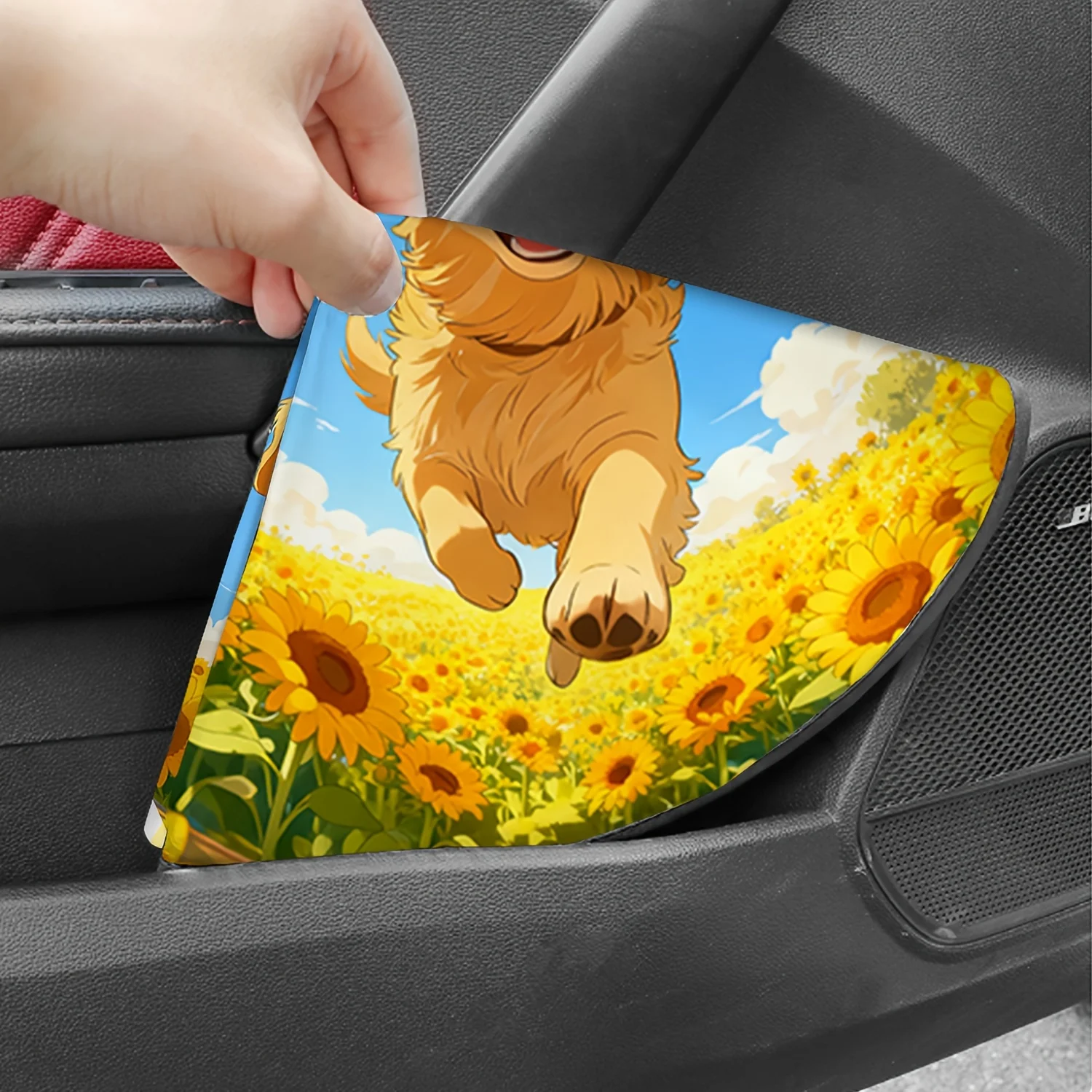 1pc Car Steering Wheel Cover, Golden Retriever Puppy In Sunflower Field Design, Steering Wheel Sunshade, Heat Insulation, Sun Pr