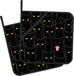 Black Cat Cute Pot Holder Set of 2 Kitchen Heat Resistant Potholder for BBQ Cooking Baking,Food Hot Pat for Women Kitchen Wear