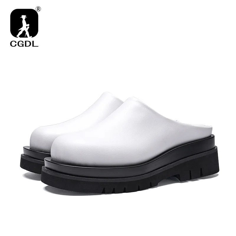 Luxury Leather Platform Man Half Slippers with Heels Genuine Leather 2024 Summer Wedding Business Social Shoes Outside Sandals