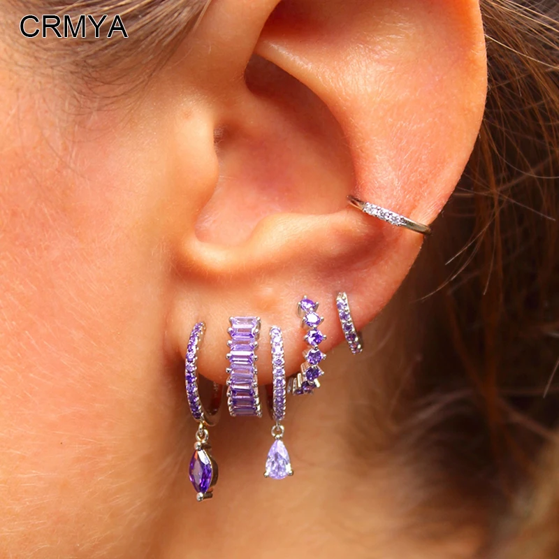 CRMYA Violet Cubic Zirconia Hoop Dangle Earrings For Women Fashion Gold Plated Earring Set 2023 Jewelry Accessories Wholesale