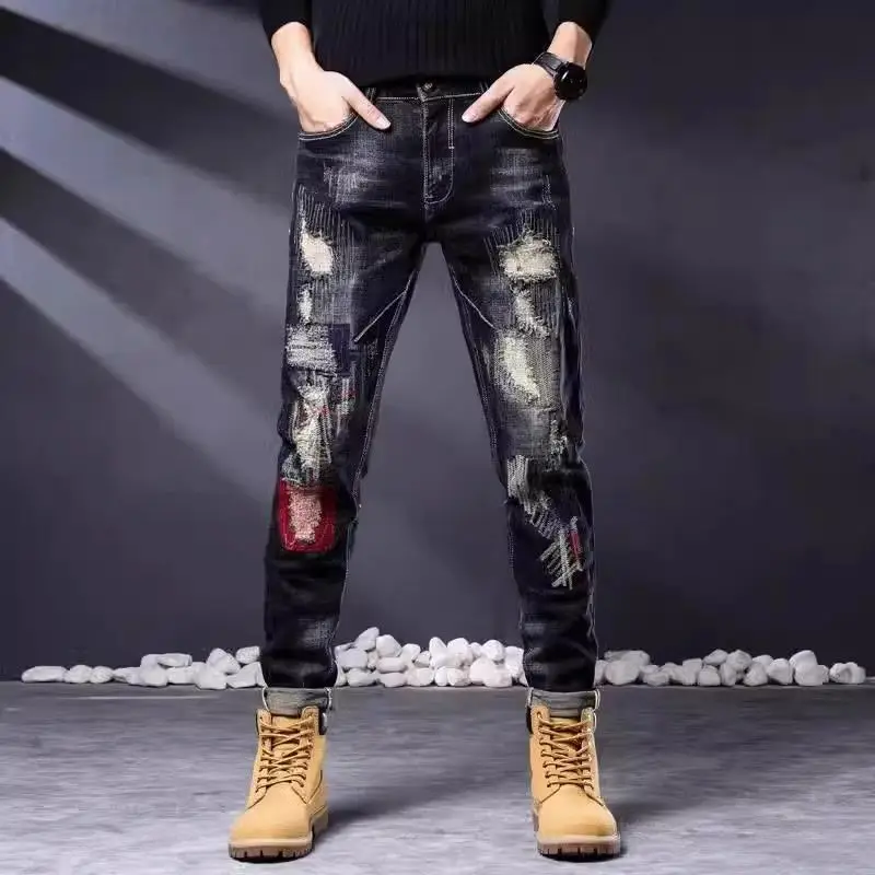 

Fashion Men's Luxury New Casual Vintage Slim Fit Jeans for Men Distressed Ripped Designer Denim Pants with Patches Trousers Male