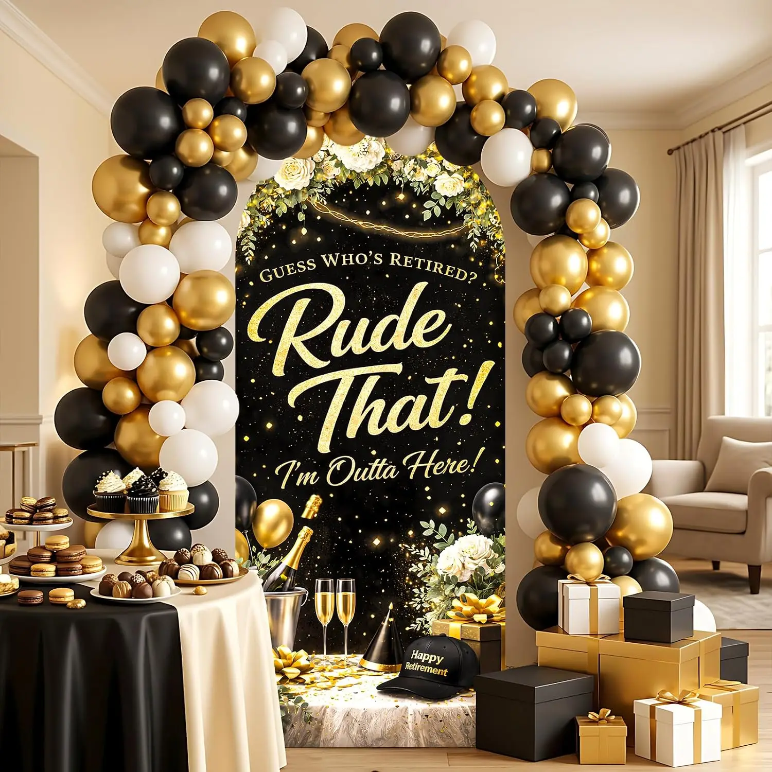 Custom 2-sided Rude that You are Leaving but Ok Arch Backdrop Cover Black Gold Adult Retirement Party Banner Background Props