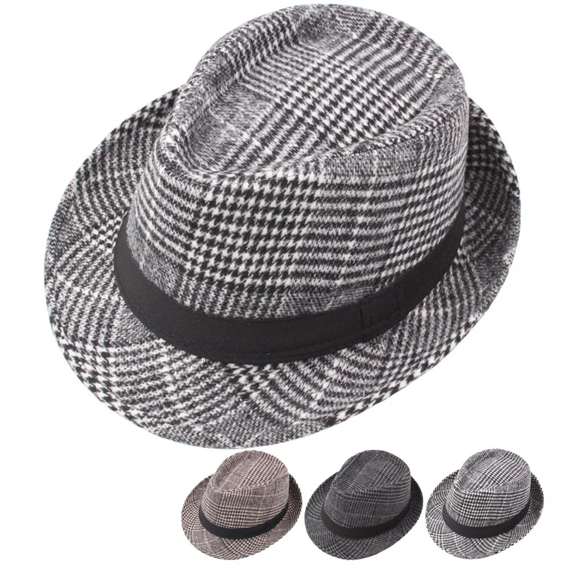 Herbst und Winter Neuer Stil Wollene Herrenhüte Britischer Retro-Mode Karierter Jazz-Hut Gentleman-Hut