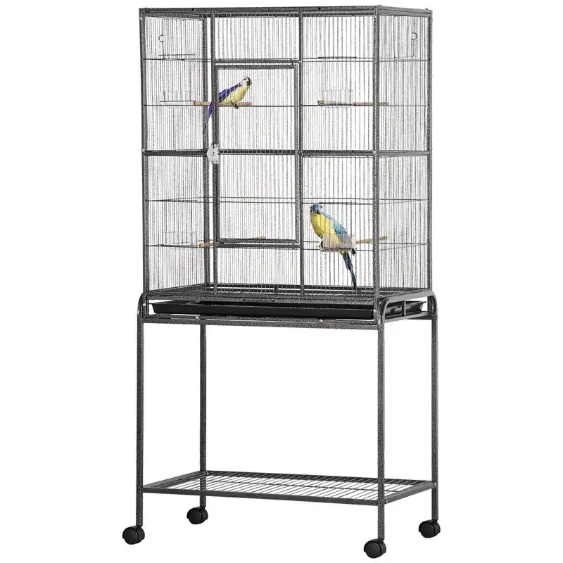 PawHut 30" Rolling Metal Bird Cage Feeder with Detachable Rolling Stand, Storage Shelf, Wood Perch & Food Container