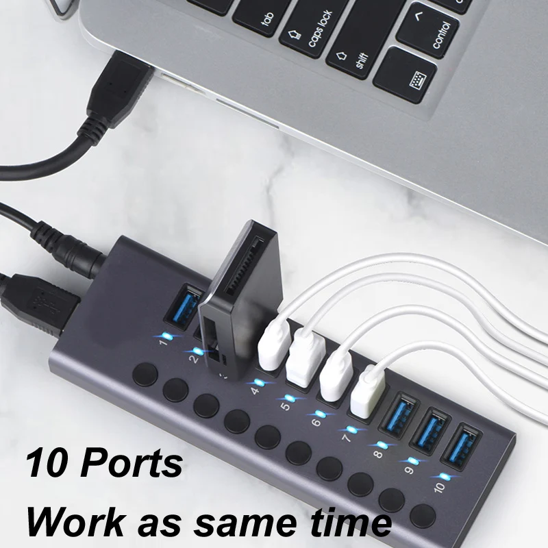 

10 Ports USB 3.0 HUB Charging 5Gbps Data Transfer External Splitter Docking Station Power 60W LED Light Switch Convert Adapter