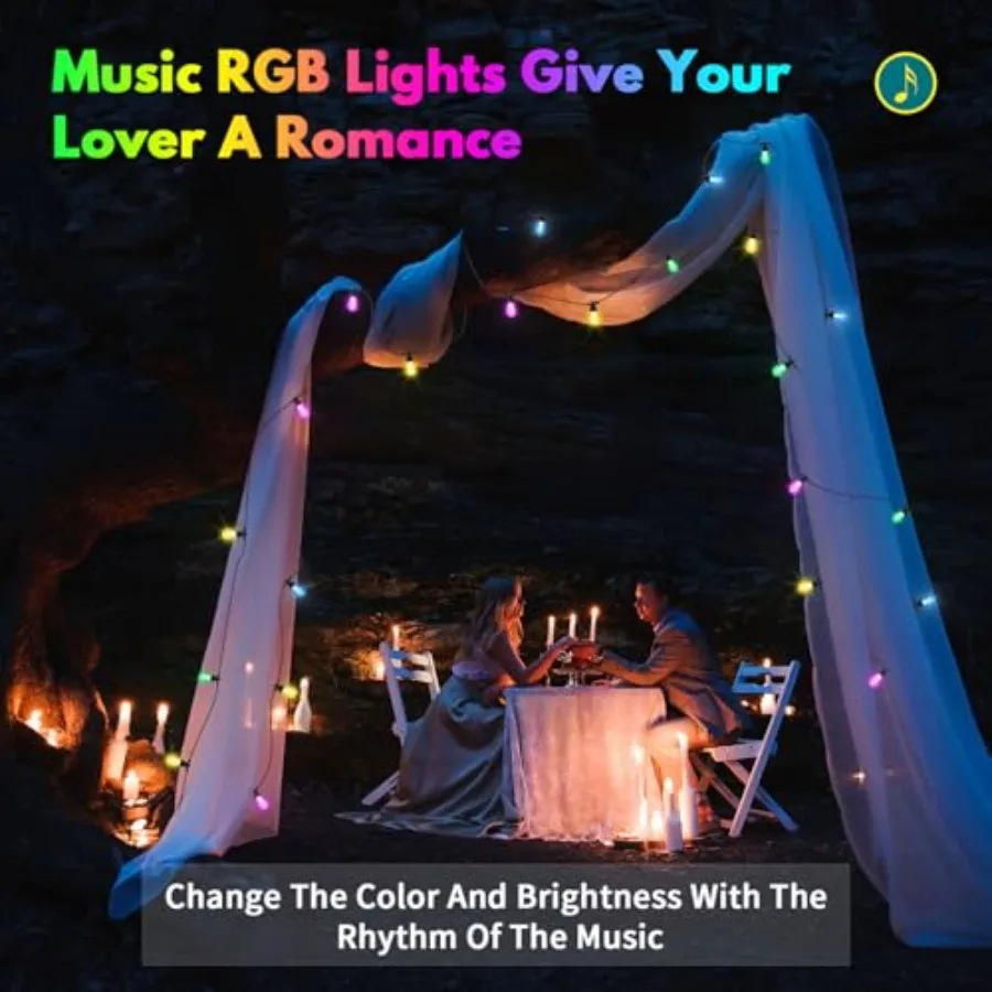 50ft Outdoor String Lights Color Changing - Patio Lights Outdoor Waterproof with 20 Dimmable RGBW Bulbs, Shatterproof, Music Mo