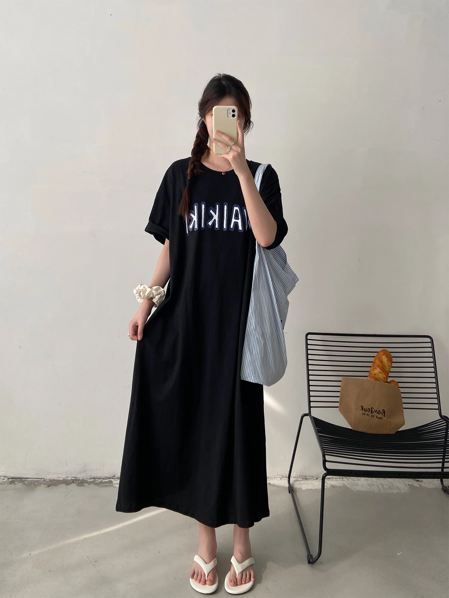 Minimalist Lazy Style Short Sleeve T-Shirt Long Skirt Women Summer New Loose Slim Letter Print over Knee Dress Trendy