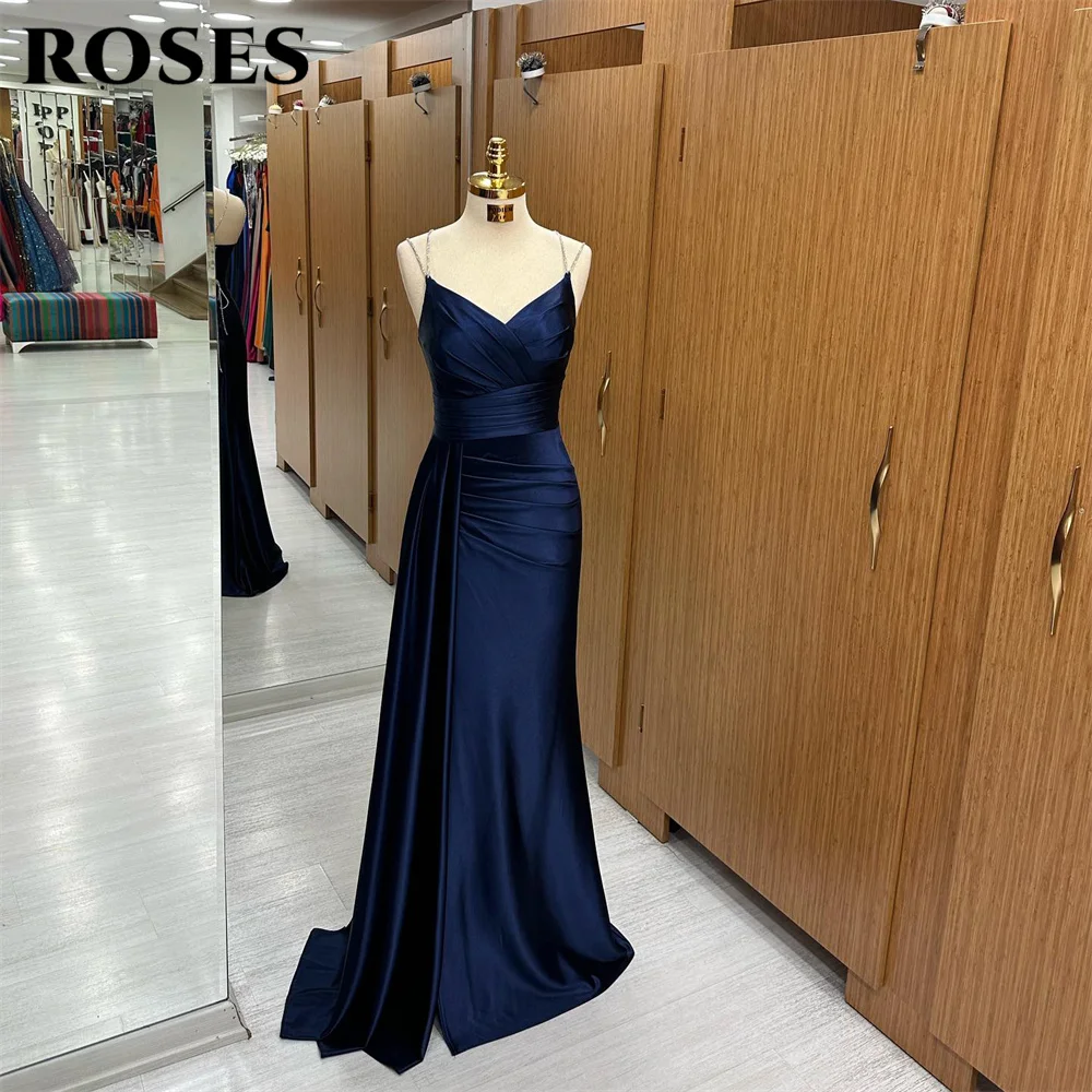 ROSES Dark Royal Blue Charming Prom Dress Gown Glitter Spaghetti Strap Formal Gown Lack Up Back Evening Gown vestidos de noche