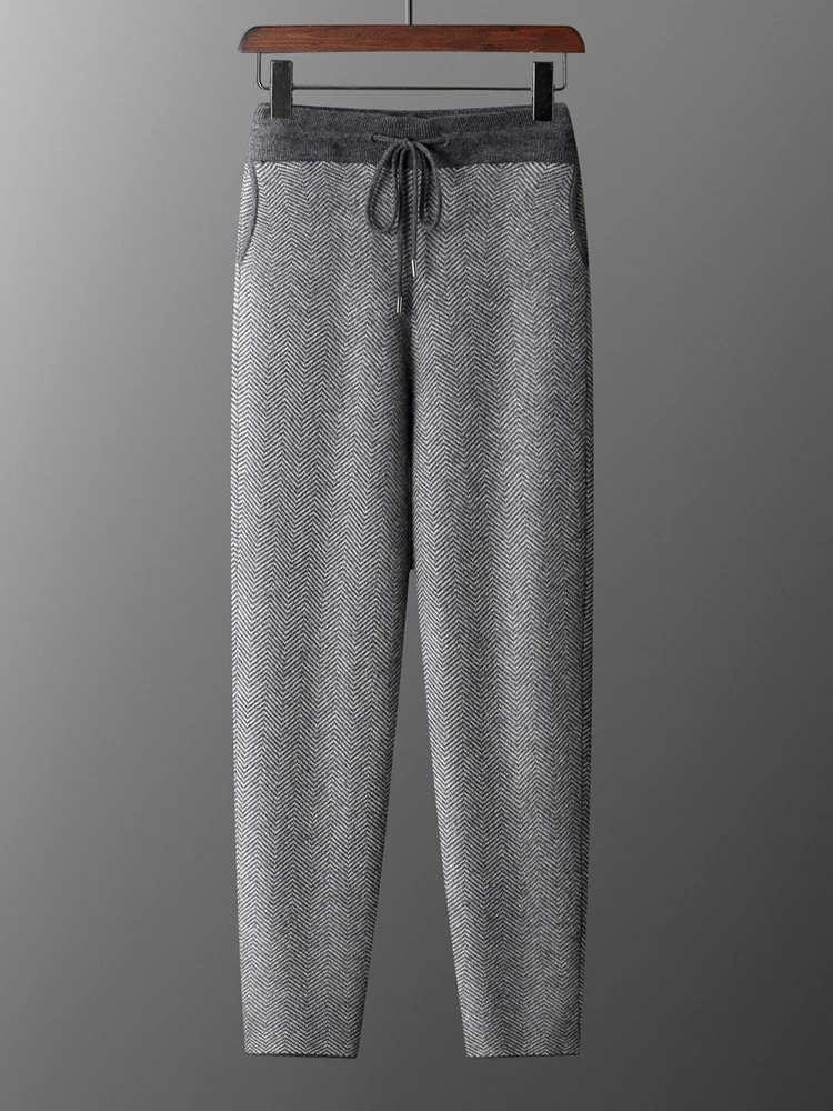 

High Quality Men's Autumn Winter Herringbone Knitted Straight Leg Pants Thick 100% Merino Wool Casual Trousers Soft Warm Pants