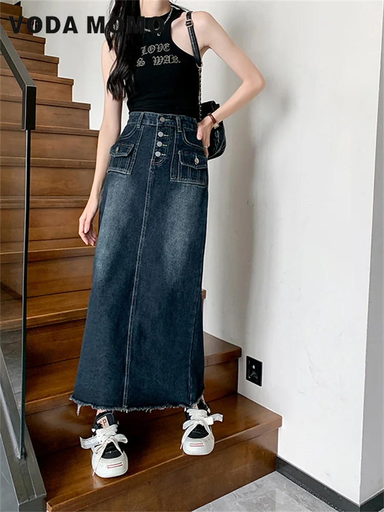 Y2K Korean Harajuku Leisure Spring Summer Long Jean Skirts Fashion High Waist Denim Skirt Woman New Retro Maxi Skirts Female