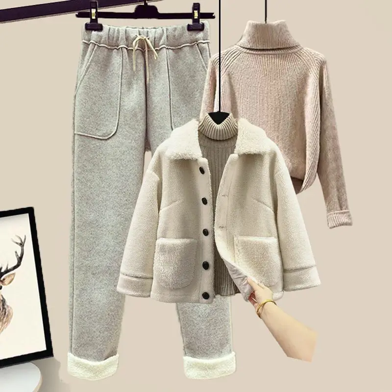 2023 Winter Lamb Plush Fur Integrated Pellet Fleece Coat Sweater Casual Pants Three Piece Elegant Women\'s Pants Set