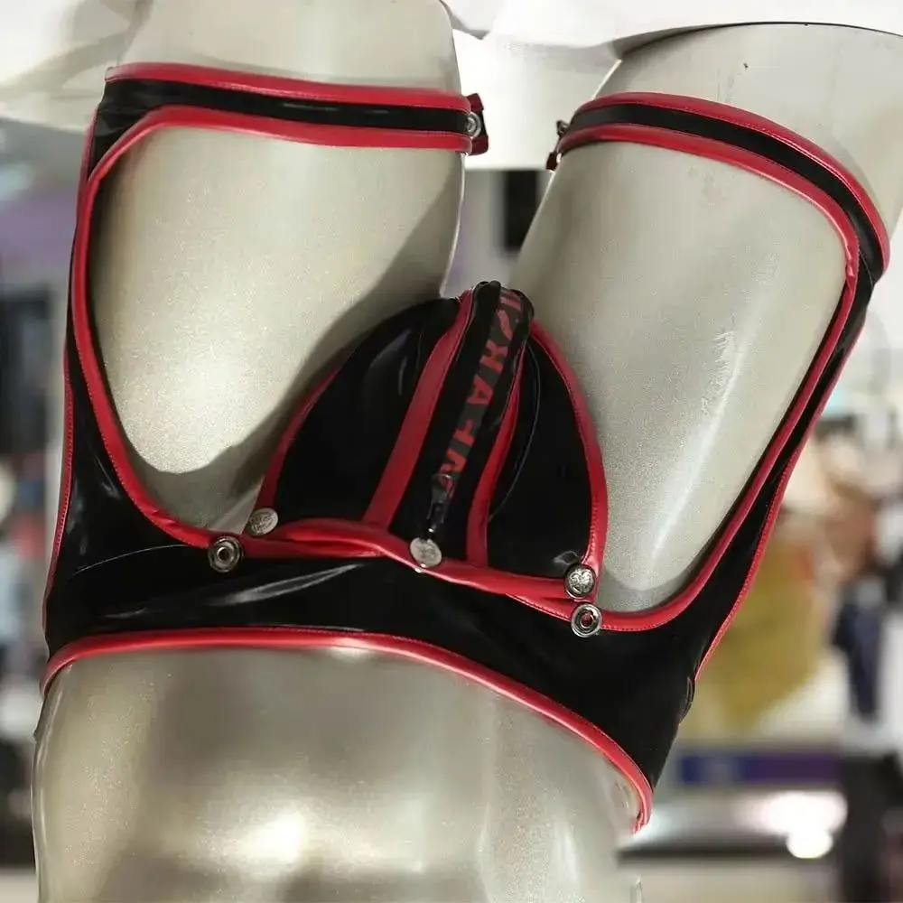 

Men Binding Hanging Boxers Sexy Low Waist Narrow Crotch Passion Panties PU Leather No Need To Undress T-Crotch Hollow Out Trunks