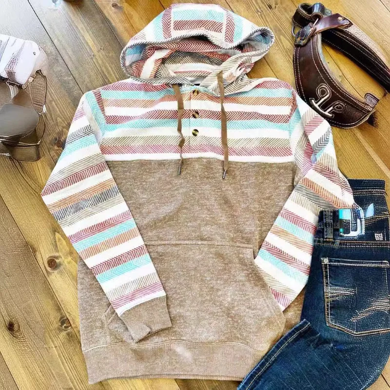 Spring and Autumn New Women's Casual Colored Stripe Fashion Hoodie Thin Pull-up Pocket Long Sleeve Top